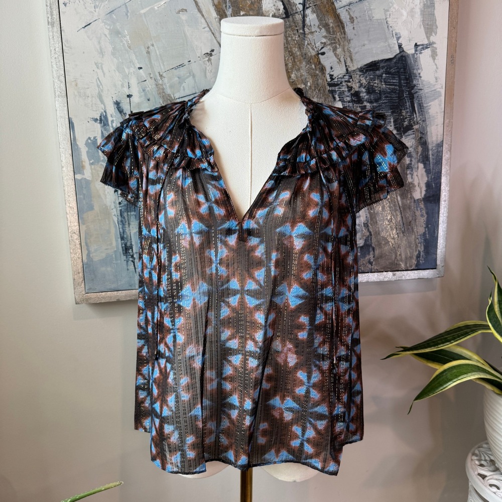 Ulla Johnson Marta Blouse Size 4 Twilight Prism Metallic Flutter Sleeve Silk NWT - Picture 2 of 12